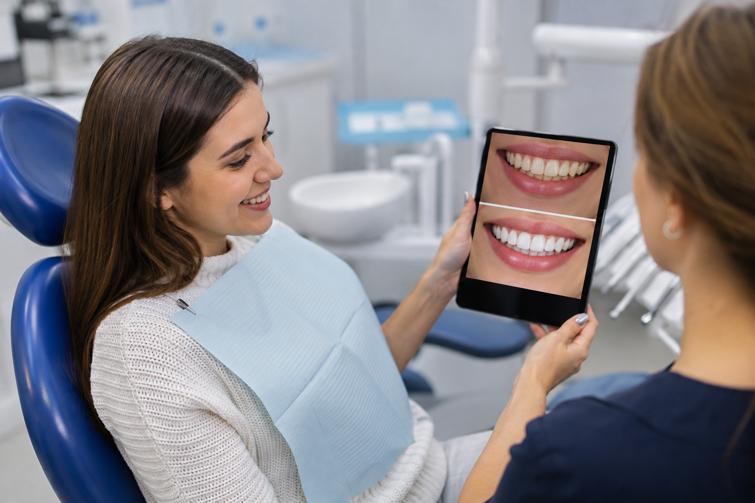 Dentist explaining optional smile shade changes for professional Teeth Whitening